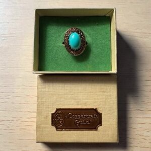 Vintage Coppercraft Guild Ring with Center Turquoise Colored Acrylic Cabochon